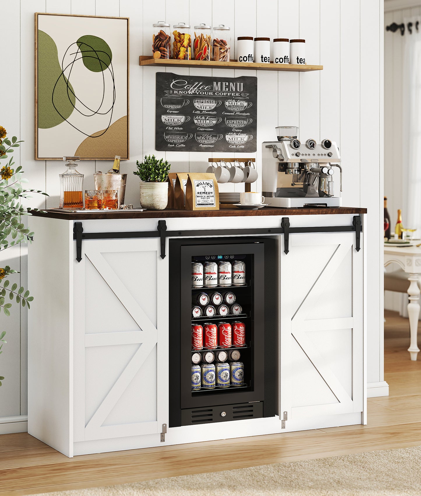 Farmhouse Coffee Bar Cabinet with Fridge Space White (FDF-0201)