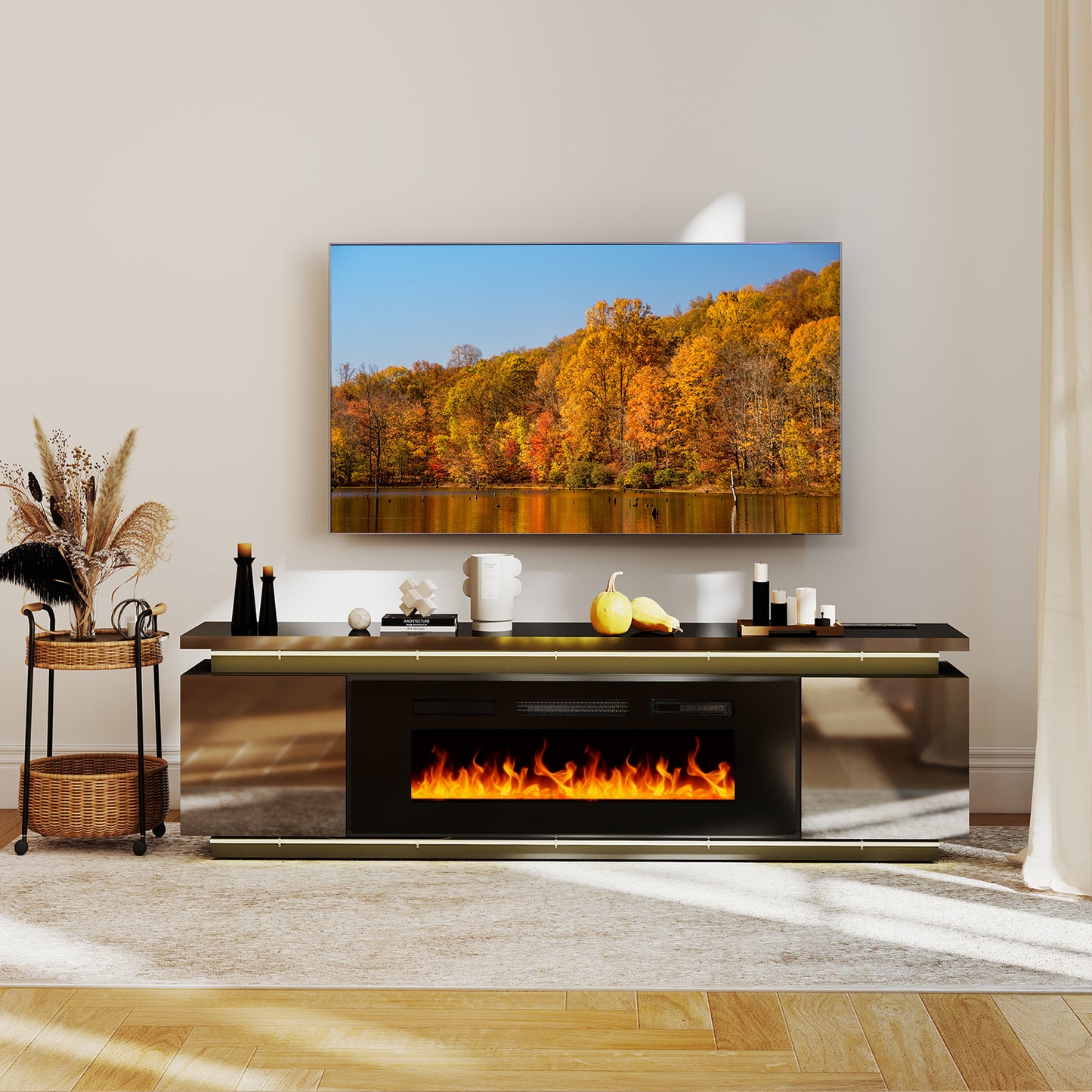 Modern TV Stand with Fireplace Black (#FLV-0117)