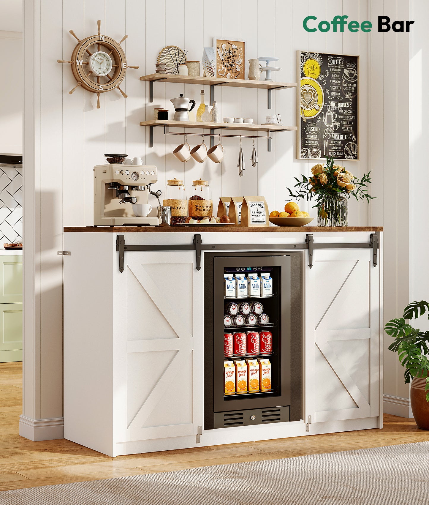 Farmhouse Coffee Bar Cabinet with Fridge Space White (FDF-0201)